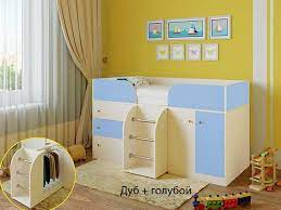 Кровать-чердак Малыш-4 Дуб молочный/Голубой в Кошурниково - koshurnikovo.mebel54.com | фото