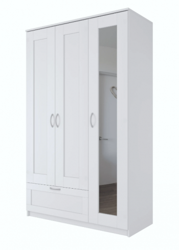 Шкаф трехдверный Сириус с зеркалом и 1 ящиком белый в Кошурниково - koshurnikovo.mebel54.com | фото
