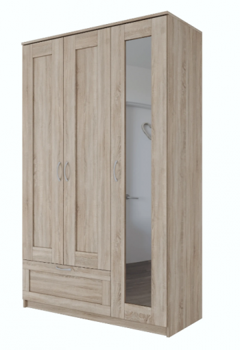 Шкаф трехдверный Сириус с зеркалом и 1 ящиком дуб сонома в Кошурниково - koshurnikovo.mebel54.com | фото