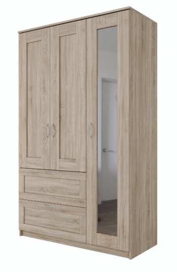 Шкаф трехдверный Сириус с зеркалом и 2 ящиками дуб сонома в Кошурниково - koshurnikovo.mebel54.com | фото